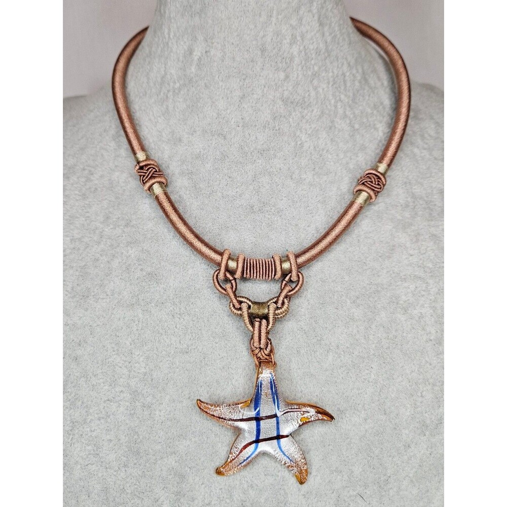 Handmade Glass Starfish Pendant Necklace Cord Bronze Gold Blue Plaid Boho EUC